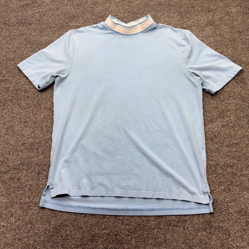 johnnie-O Mens Light Blue Short Sleeve Mock Neck Striped Collar Shirt Size M